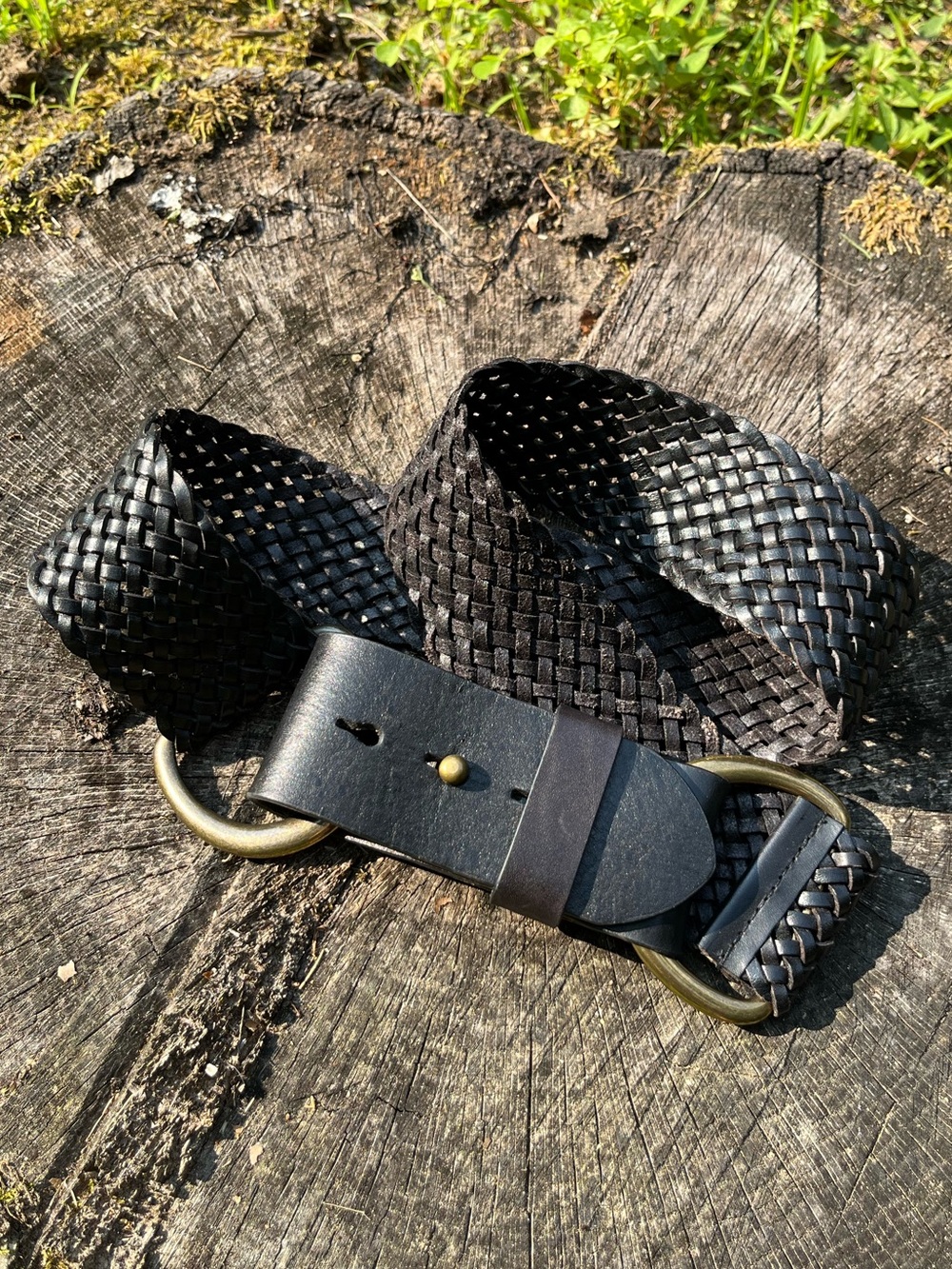 2007 J.Crew Genuine Leather Braided D-Ring Belt Size M Black Boho Festival Y2K